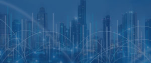 IT services depicted by networking points and graphs overlaid on a city skyline