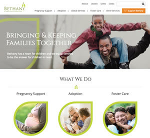 Bethany Christian Services website screenshot showing man and child